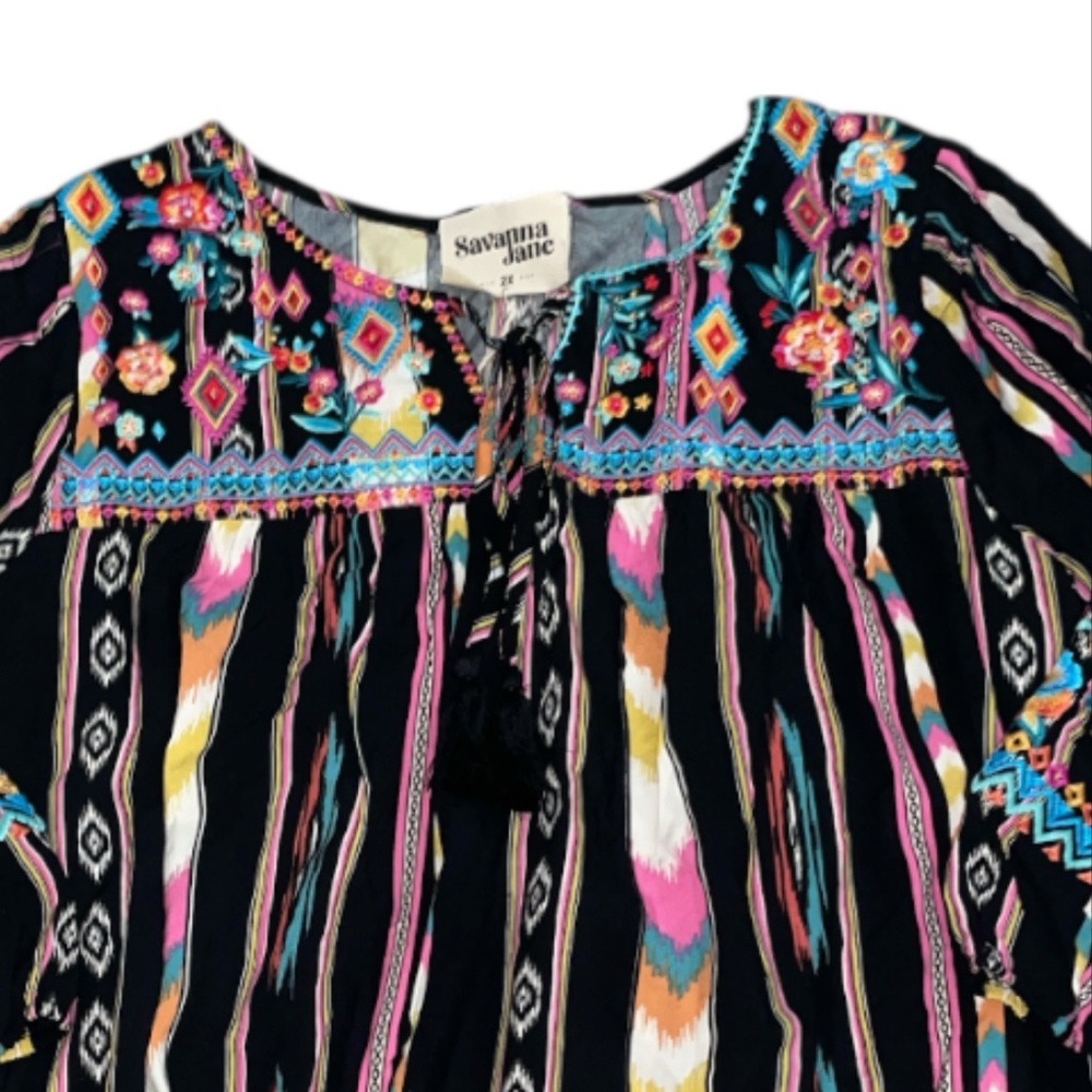 Savanna Jane Black Embroidered Top with Bell Sleeves and a Striped Pattern. - Picture 3 of 4